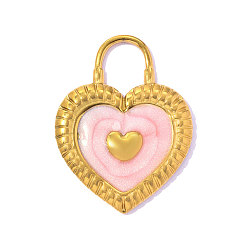 Pink День святого Валентина 304 эмалевые подвески из нержавеющей стали, сердце блокировки прелести, ионное покрытие (ip), зеркальная полировка, реальный 18 k позолоченный, розовые, 24x18 мм, отверстие : 5.5 мм
