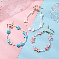 (52) Непрозрачная лаванда Браслеты из натуральных белых ракушек в форме звезды и стеклянного бисера для женщин, с 304 удлинителем цепи из нержавеющей стали, разноцветные, 7.28 дюйм (18.5 см)