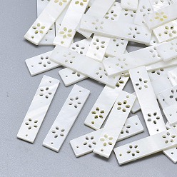 Морская Ракушка Соединители звеньев оболочки, резной прямоугольник с цветком, цвет морской раковины, 30x7x2 мм, отверстие : 0.8~1 мм