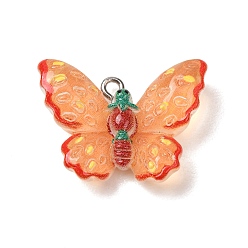 Coral Transparent Resin Pendants, Strawberry Butterfly Charm, with Platinum Iron Eye Pin & Glitter Powder, Coral, 20x27x8.5mm, Hole: 2mm