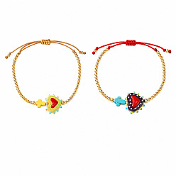 Mixed Color 2Pcs 2 Colors Dyed Synthetic Turquoise Cross and Glass Heart Braided Bead Bracelets for Women, Adjustable Stackable Bracelets with Round Brass Beads, Golden, Mixed Color, 11.02 inch(28cm), 1pc/color