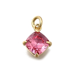 Светло-Вишневый Ромб из латуни со стеклянными подвесками, одиночные каменные прелести, без кадмия и без свинца, долговечный, стойки покрытие, реальный 18 k позолоченный, светло-вишневый, 10x8x4 мм, отверстие : 2 мм