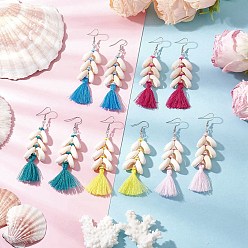 (52) Непрозрачная лаванда Серьги-подвески в форме ракушки, с полимерной глиной ручной работы, синтетическими бусинами из гематита, медной проволокой и 304 крючками для сережек из нержавеющей стали, цвет нержавеющей стали, разноцветные, 90x20~30 мм