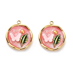 Розовый 304 нержавеющей стальной эмали подвески, Со смолой и имитацией жемчуга, плоские круглые с бабочкой, ионное покрытие (ip), реальный 18 k позолоченный, туманная роза, 22x19x5 мм, отверстие : 1.8 мм