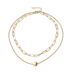 Golden PVD Vacuum Plating 304 Stainless Steel Double Chains Multi Layered Necklace with Flat Round Beaded for Women, Golden, 16.34 inch(41.5cm)