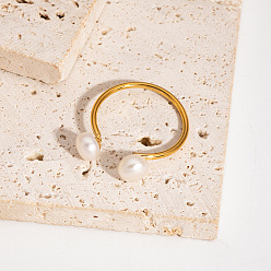 Настоящее золото 18K Регулируемые открытые манжеты из нержавеющей стали с натуральным жемчугом для женщин, реальный 18 k позолоченный, 6.5 мм, размер США 8 1/4 (18.3 мм)