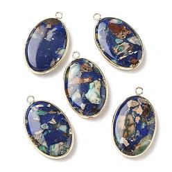 Синий Подвески из окрашенной синтетической императорской яшмы, овальные амулеты, с латунной, золотые, синие, 35~36x21~22x6.5~7 мм, отверстие : 2.6~2.8 мм