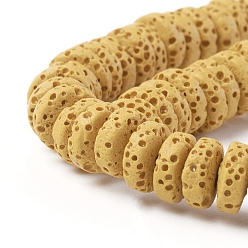 Gold Natural Lava Rock Beads Strands, Dyed, Flat Round/Disc, Gold, 8~8.5x3~4mm, Hole: 2mm, about 62 pcs/Strand, 7.87 inch(20 cm)