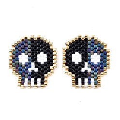 Black Handmade Seed Beads Pendants, with Elastic Thread, Loom Pattern, Skull, Black, 23x20x1.5mm