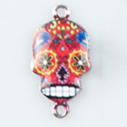 Crimson Cinco de Mayo Alloy Enamel Connector Charms, Sugar Skull Links, Platinum, Crimson, 26x14mm