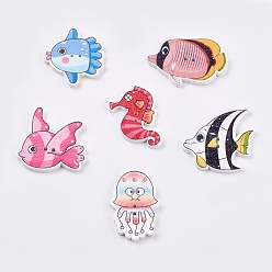 (52) Непрозрачная лаванда Окрашенные деревянные пуговицы , 2-луночное, разнообразные, окрашенные, океанский стиль, разноцветные, 23.5~31x21.5~32x2.5 мм, отверстие : 1.5~2 мм