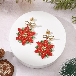 Red Glass & Brass Beads Braided Dangle Earrings, Brass Stud Earrings for Women, Snowflake with Bowknot, Golden, Red, 34x24mm