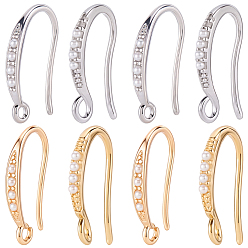 Real Gold Plated & Real Platinum Plated 24шт 4 стили латунные крючки для сережек, долговечный, без никеля , с ABS имитации жемчуга, белые, настоящее золото и платина, 17~18.5x10x2~2.5 мм, отверстие : 1.4~1.8 мм, 6 шт / стиль
