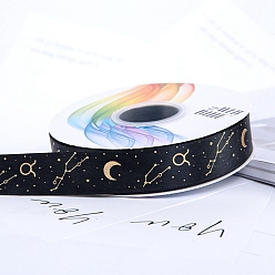 Black 22M Gold Stamping Constellations Polyester Ribbons, Garment Accessories, Black, 1 inch(25mm), about 24.06 Yards(22m)/Roll