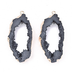 Gray Druzy Geode Resin Big Pendants, Edge Light Gold Plated, with Iron Loops, Gray, 51.5x23.5x6~7mm, Hole: 1.8mm