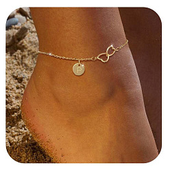 Letter P Латунные двойные сердечки плоские круглые инициалы браслеты на ногу для женщин, золотые, Письмо P, 9-1/8 дюйм (230 мм)