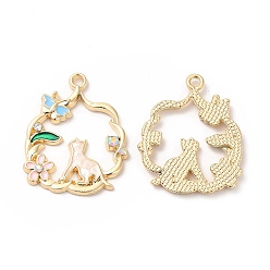 Светло-Голубой Подвески из эмали и сплава, со стразами, без кадмия, без никеля и без свинца, золотые, цветок с кошкой и цветочным узором, Небесно-голубой, 27x22x2.5 мм, отверстие : 1.8 мм