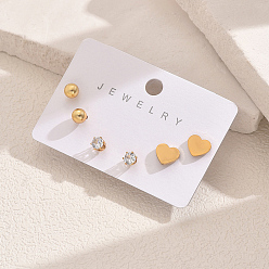 Золотой Элегантные 3пары 201серьги-гвоздики в форме сердца и круглых сережек из нержавеющей стали, с четким кубического циркония, золотые, 4~7 мм