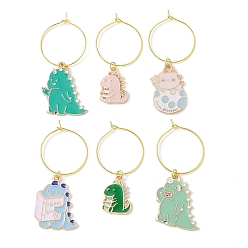 Mixed Color Alloy Enamel Wine Glass Charms, with Brass Hoop Earring Findings, Dinosaur, Mixed Color, 52~61x30mm, Inner Diameter: 24mm