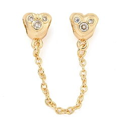 Настоящее золото 18K Покрытие стойки латунные микропаве кубический цирконий европейские бусины с предохранительными цепями, долговечный, без свинца и без кадмия, сердце, реальный 18 k позолоченный, 65 мм