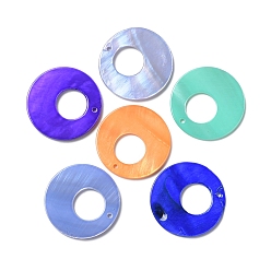 Mixed Color Spray Painted Natural Freshwater Shell Pendants, Flat Round Charms, Mixed Color, 28x2.5mm, Hole: 1.2mm