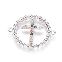 Platinum Brass Micro Pave Cubic Zirconia Links connectors, Long-Lasting Plated, Flat Round with Cross, Colorful, Platinum, 25x21x2mm, Hole: 1.2mm