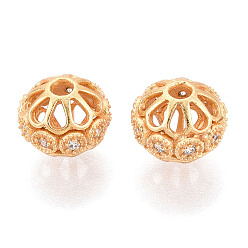 Настоящее золото 24K 925 полые бусины из стерлингового серебра с микропаве из прозрачного кубического циркония, рондель, реальный 24 k позолоченный, 10.5x9 мм, отверстие : 2 мм