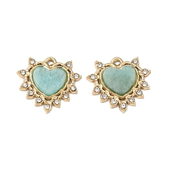 Amazonite Natural Amazonite Pendants, 304 Stainless Steel Crystal Rhinestone Heart Bezeled Charms, Ion Plating(IP), Real 14K Gold Plated, 14x16x2.5~3mm, Hole: 0.9mm