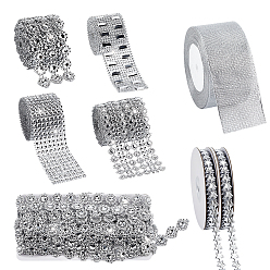 Argent Kits de rubans, comprenant 1 un ensemble de rubans en plastique à strass, 1ruban polyester pc, 1 Rouleau de ruban à strass, 2 rouleaux de ruban de dentelle en polyester, argenterie, 39~58mm, 4 style, 2 mètres/style, 8 verges/ensemble, 1 jeu