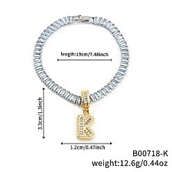 Letter K Модные латунные браслеты с подвесками из прозрачных кубических цирконий с микропаве, теннисные браслеты со стразами для женщин, буквы, Письмо K, 7-1/2 дюйм (19 см)