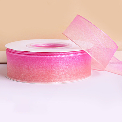 Hot Pink Gradient Rainbow Color Polyester Chiffon Ribbon, for Craft Bows Gift Wrapping Wedding Decoration, Hot Pink, 1 inch(25mm), about 24.06 Yards(22m)/Roll