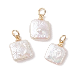 Золотой Барочный натуральный нуклеированный жемчуг кеши квадратные подвески, с 304 фурнитурой из нержавеющей стали, цветочный белый, золотые, 13.5~14.5x10.5~11.5x3~5 мм, Перейти кольцо: 5x0.8 мм, внутренний диаметр: 3.3 мм