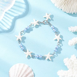 Белый Браслеты из синтетической бирюзы в виде морских звезд для женщин, со стеклянной жемчуг, белые, 7-7/8 дюйм (20 см)