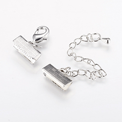 Real Platinum Plated Long-Lasting Plated Brass Chain Extender, with Cord Ends and Lobster Claw Clasps, Real Platinum Plated, 39mm, Ribbon End: 7x13mm, Extend Chain: 55mm, Inner: 3x12mm