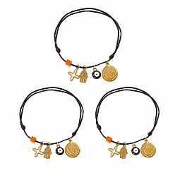 Black Religion 304 Stainless Steel Cross Hamsa Hand Evil Eye Charm Bracelet Sets, Adjustable Stackable Cord Bracelets with Cube Dyed Natural Imperial Jasper Beads, Golden, Black, 11.02 inch(28cm), 3pcs/set