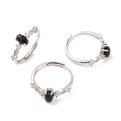 Black Onyx Регулируемые кольца из натурального черного оникса «конский глаз», латунное кольцо с прозрачным цирконием для женщин, долговечный, без свинца и без кадмия, платина, внутренний диаметр: 19 мм