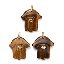 Tiger Eye Natural Tiger Eye Carved Pendants, Religion Hamsa Hand Charms, with Brass Pave Cubic Zirconia Findings, Golden, 36.5~39x33~35x8~9mm, Hole: 6.5x8mm