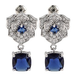 Темно-Синий Серьги-гвоздики из латуни с микропаве и кубическим цирконием, покрытие стойки, цветок, темно-синий, 26.5x14.5 мм