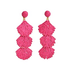 Фуксиновый Серьги-гвоздики в форме ракушек из рафии в богемном стиле, с железными контактами, золотые, красно-фиолетовые, 90x32 мм