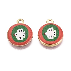 Sea Green Printed Alloy Pendants, Rack Plating, Flat Round & Bird Charms, Cadmium Free & Nickel Free & Lead Free, Golden, Sea Green, 18x15x3.5mm, Hole: 1.8mm