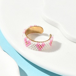 Pink Стеклянные бусины с 304 манжетными кольцами из нержавеющей стали, сердце, золотые, розовые, 6.5 мм, регулируемый