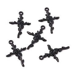 Electrophoresis Black Halloween Alloy Enamel Pendants, Cross with Flower, Electrophoresis Black, 34x23x3mm, Hole: 2mm