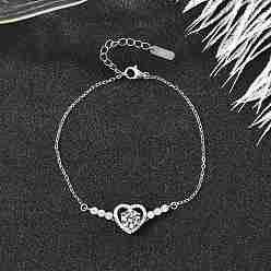 Платинированный 925 ссылка стерлингового серебра браслеты, браслеты-цепочки для женщин, сердце, с муассанитовым стразом, Реальная платина, 6-3/4 дюйм (17.2 см)
