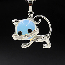 Opalite Opalite Pendants, with Platinum Plated Brass Findings, Cat Shape Charms, 35x29x10mm