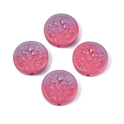 Cerise Two Tone Color Baking Paint Opaque Glass Beads, Flat Round with Flower Pattern, Cerise, 20x6~6.5mm, Hole: 1.4~1.6mm