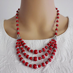Красный Этнический стиль сплав и окрашенная синтетическая бирюза круглые бусины 3 многослойные нагрудные ожерелья, античное серебро, красные, 18.50~20.87 дюйм (47~53 см)