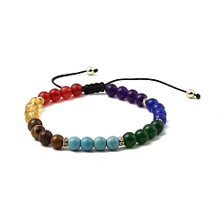 Mixed Stone Natural & Synthetic Mixed Stone Round Braided Bead Bracelet, Chakra Theme Adjustable Bracelet, Inner Diameter: 2~3-1/8 inch(5~7.8cm)
