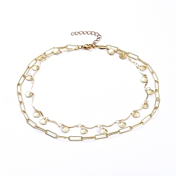 Real 18K Gold Plated Brass Chain Tiered Necklaces, Double Layer Necklaces, with Bar Link Chains, Paperclip Chains and Lobster Claw Clasps, Scallop Shape, Real 18K Gold Plated, 14.53 inch(36.9cm)