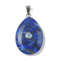 Ляпис-Лазурь Природный лазурит подвески, подвески-слезинки с 201 микрофиброй из нержавеющей стали с кубическим цирконием, цвет нержавеющей стали, 29x18x7 мм, отверстие : 5.5x3.5 мм