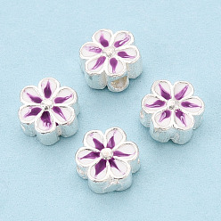Фиолетовый 925 бусины из стерлингового серебра с эмалью, цветок, серебряный цвет гальваническим, фиолетовые, 6x6x3 мм, отверстие : 1.2 мм